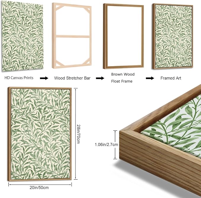 Large Flowers Wall Art for Living Room Natural Wood Float Framed Art Set of 3 William Morris Floral Canvas Picture Vintage Artwork Green Botanical Leaf Art Prints for Bedroom Wall Decoration 20"X28"X3