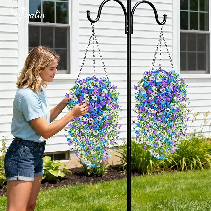Serwalin Artificial Fake Hanging Flowers for Outdoors Planters,6PCS UV Resistant Faux Pansy Spring Flowers for Outside Porch Patio Garden Window Box (Blue Purple White)
