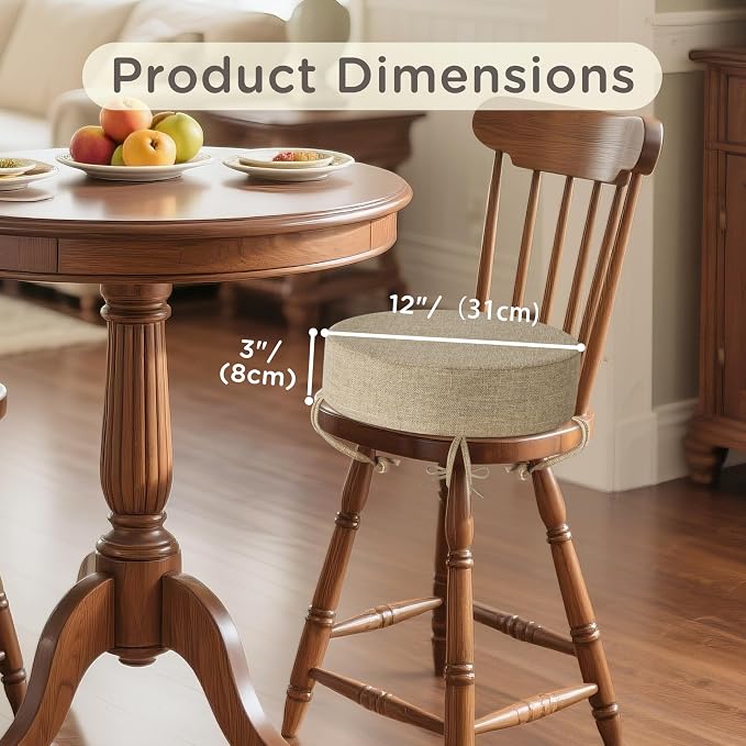 Bar Stool Cushions Round 3" Thick Round Seat Cushions for Chairs 2 Pack Non Slip Bistro Chair Pads with Machine Washable Cover (12 Inch, Beige)