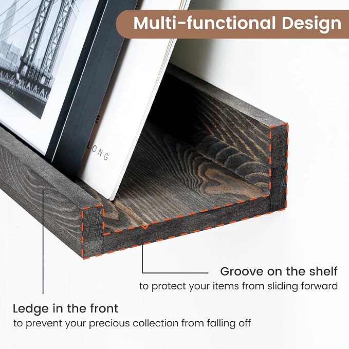 FLYJOE Picture Ledge Wall Shelves - 36 Inch Width Set of 3, Solid Pine Wood Rustic Floating Ledge Shelves for Kids' Room, Bedroom, Kitchen, Bathroom, Living Room, Nursery Display Wall Decor, Grey