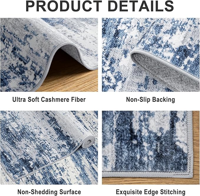 Area Rugs 10x14 Living Room - Washable Rug Modern Abstract Soft Large Neutral Non-Slip Carpet Indoor Floor Thin Carpets for Bedroom Dining Room Farmhouse Nursery Home Office Blue Gray