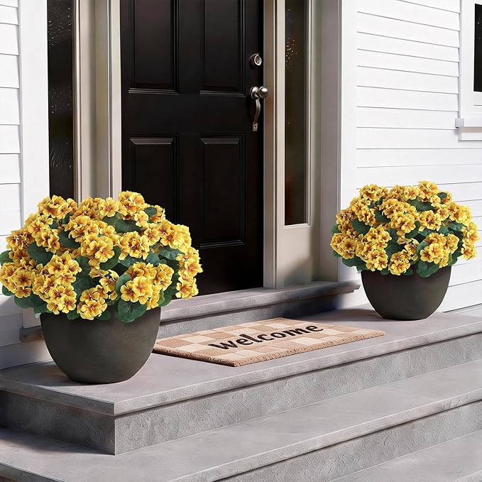 GLIDLION 24 Bundles Artificial Geranium Flowers for Spring Summer Decor, UV-Resistant Fake Plants Realistic Faux Silk Bouquets for Front Door Farmhouse Garden Porch Home Outdoor Decor (Yellow)