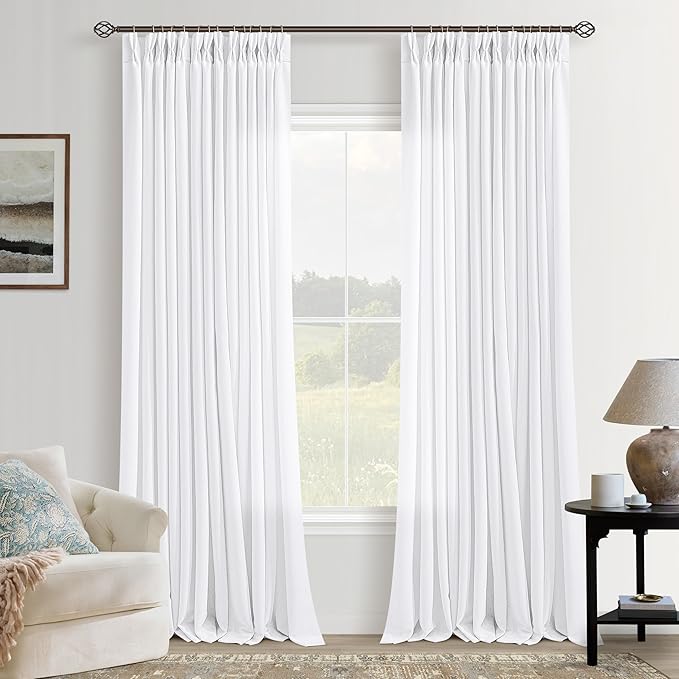 White Linen Curtains 120 Inches Long Pinch Pleated for High Ceiling Living Room 2 Panels Boho Farmhouse Semi Sheer Pinch Pleat Drapes Hooks Rings Back Tab Extra Long 120 Inch Curtain Bedroom Dining