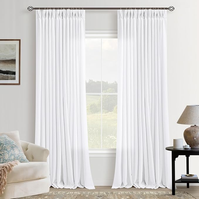 Pinch Pleated White Linen Curtains 96 Inches Long 2 Panels for Living Room Bedroom Memory Trained Light Filtering Neutral Farmhouse Semi Sheer Window Curtains Hooks Rings Back Tab Pleat Drapes 8FT