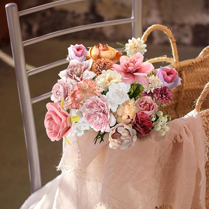 Artificial Flowers Combo Box, 34PCS Fake Flowers, Silk Flower Mix with Wire Stem, DIY Wedding Bridal Bouquet for Arrangement, Shower Party Home Décor, Soft Blush & Apricot Mix