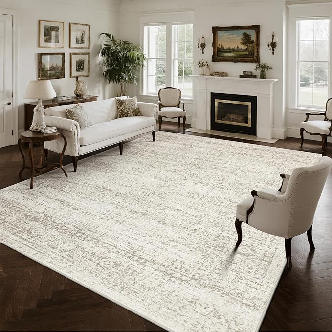 Srugn Washable Rugs 10x14 Area Rugs for Living Room,Rugs for Bedroom,Large Carpets,Ultra Soft Faux Wool Retro Dining Room Rug,Non Slip&Non-Shedding Low Pile Vintage Print Rug for Home Office Decor
