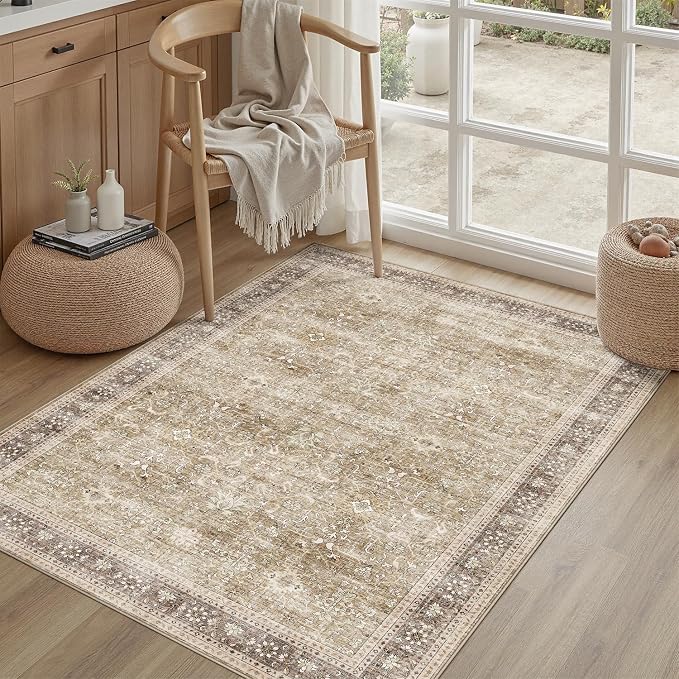 DCX Beige and Taupe 4x6 Rug, Kid & Pet Friendly with Rubber Back Non Slip, Machine Washable Stain Resistant Vintage Traditional Distressed Carpet, Rug for Living Room, Bedroom, Neutral Home Decor
