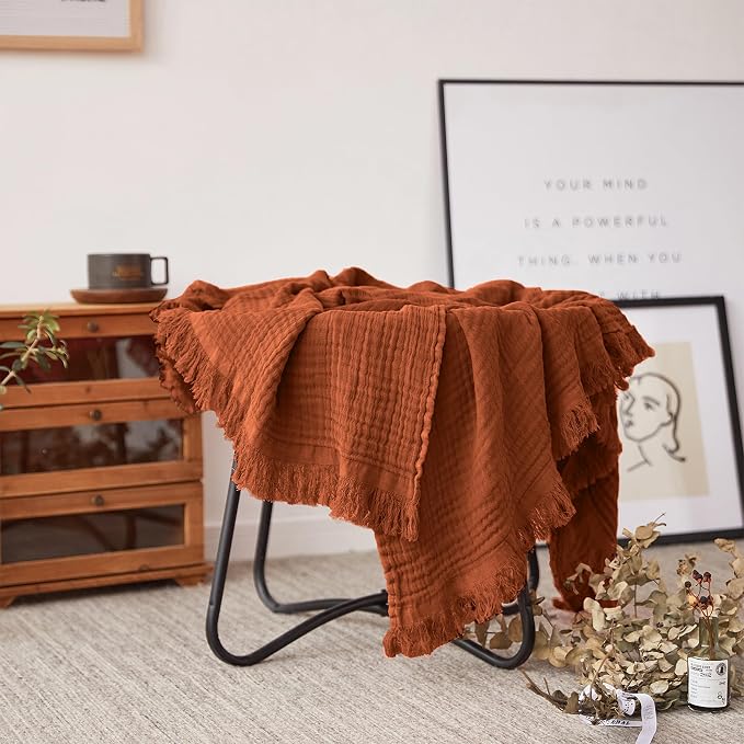 FALUCA Cotton Muslin Throw Blanket 50x60 Inches for Bed, Couch, Knit Woven Gauze Blanket, Soft Lightweight Cozy Breathable Farmhouse Decoration for All-Season, Caramel