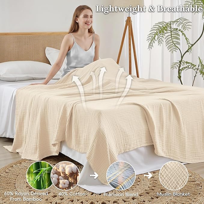 David's Home Soft Muslin Blanket Queen Size for Adults, 60% Rayon 40% Cotton, Breathable Lightweight Cooling Blanket for Hot Sleepers, 4-Layer Cozy Gauze for Bed, 90"x90", Natural/Birch
