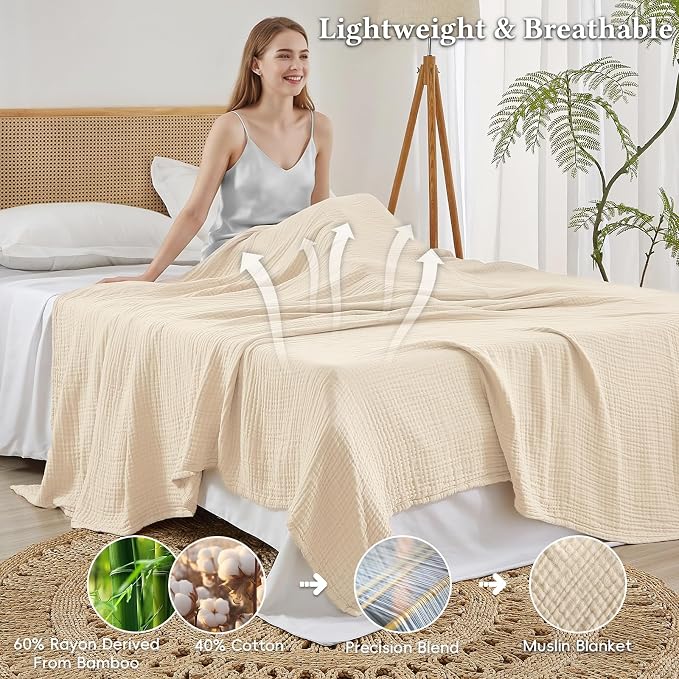 David's Home Soft Muslin Blanket Twin Size for Adults, 60% Rayon 40% Cotton, Breathable Lightweight Cooling Blanket for Hot Sleepers, 4-Layer Cozy Gauze for Bed, 66"x90", Natural/Birch