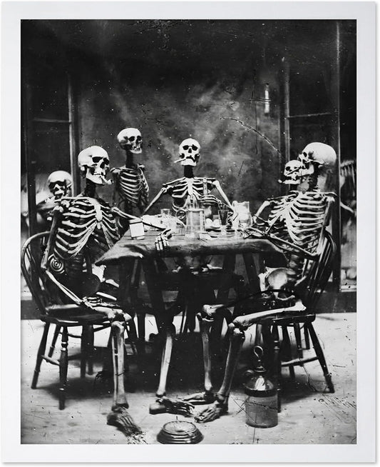 Poster Master Vintage Photograph Poster - Retro Daguerreotype Print - Gift for Artist, Friend - Skeletons Smoking at Table, Dinner Party, Goth - Wall Decor for Home, Dorm, 11x14 White Framed