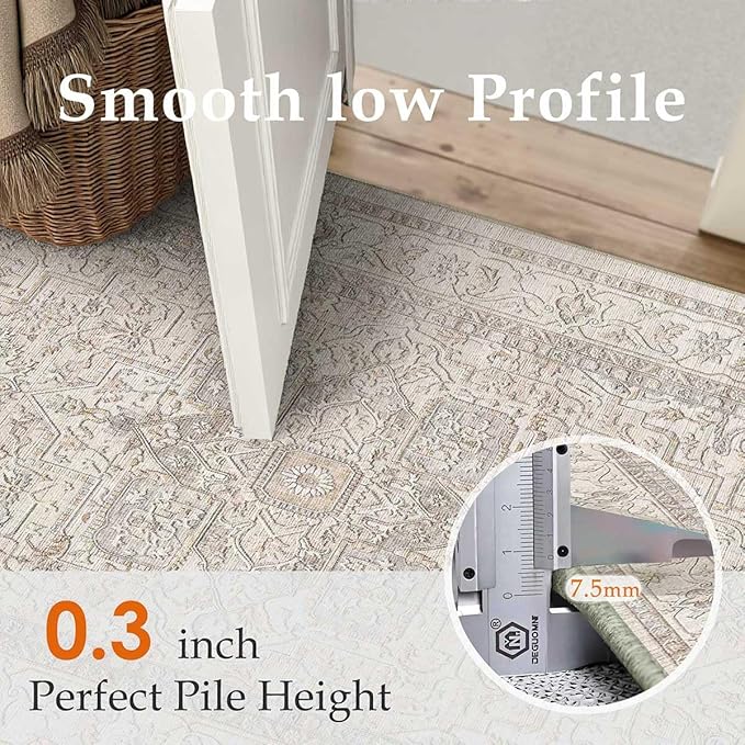 6x9 Washable Vintage Area Rug Beige Oriental Living Room Bedroom Throw Rug Neutral Non Slip Soft Low Pile Carpet for Dining Room Office Nursery Indoor