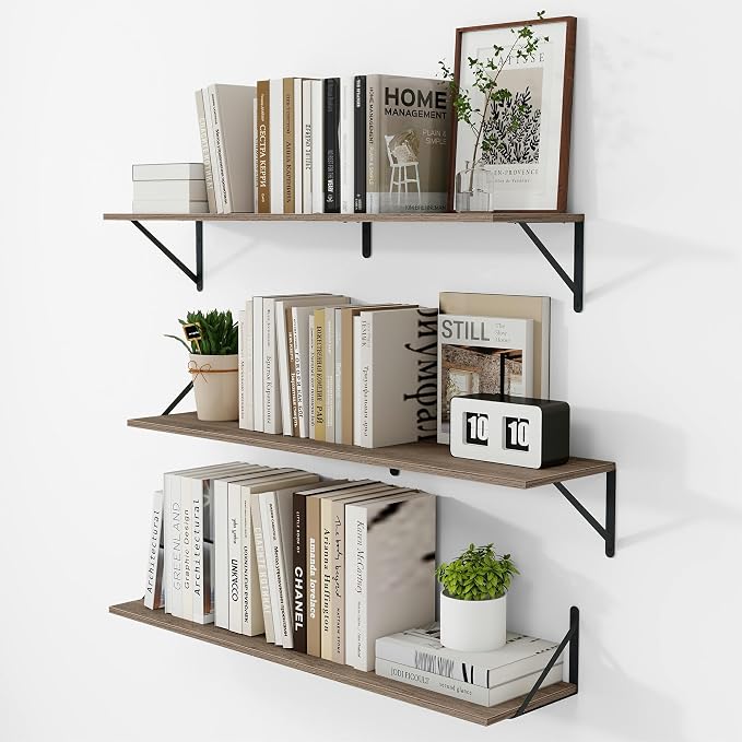 Vivelove Deep Floating Shelves for Wall, 36W x 8D Rustic Grey Wood Wall Shelves Set of 3, Large Floating Shelf for Living Room, Kitchen, Office, Bedroom and Decor Storage, with Metal Bracket - Grey