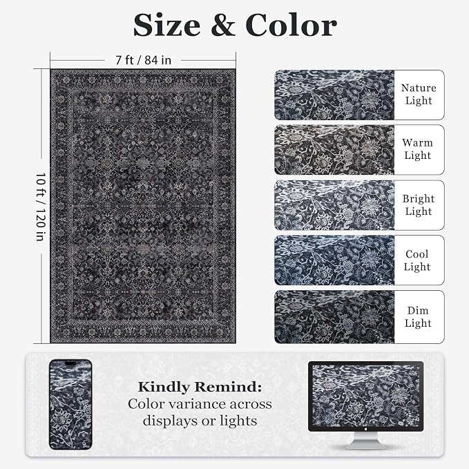 Dark 7x10 Rugs for Living Room, Vintage Farmhouse Area Rug for Bedroom Dining Room, Low Pile Thin Washable Non Slip Room Carpet Rug for Home Office Family Room Guest Room