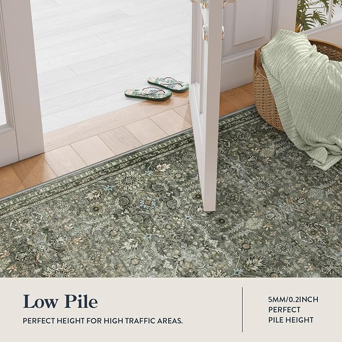 Lahome Olive Green 2x12 Runner Rug, Non Slip Green Kitchen Hallway Runner | Vintage Soft Sage Green Non Shedding Carpets for Long Hall Entrance Indoor Laundry