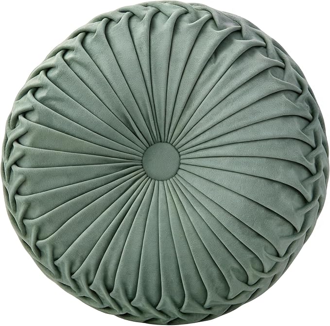 15" Round Pillow for Couch, Circle Velvet Pleated Throw Pillow,Decorative Round Floor Cushion,Pumpkin Chair Cushion for Bed Chair Car Sofa Home Decor Pea Green