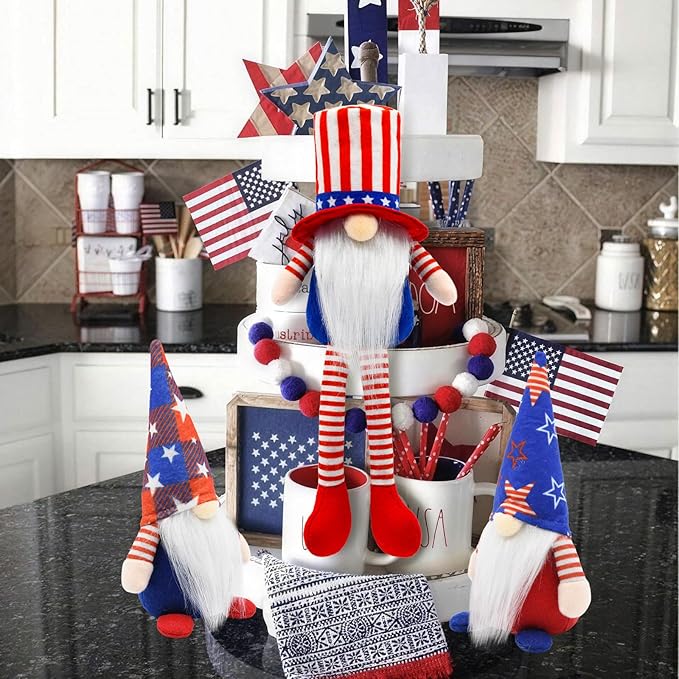 4th of July Decorations Patriotic Gnome Set of 3, 250th Anniversary USA Independence Day Decor, Red White and Blue Decorations for Tiered Tray Mantel Shelf Table