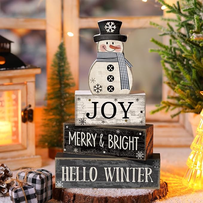 Lineshading 4 Pcs Winter Table Decorations Wooden Snowman Black and White Winter Tiered Tray Decor Christmas Centerpiece Decorations Rustic Wooden Snowman Block Sign Gifts Farmhouse for Home Kitchen
