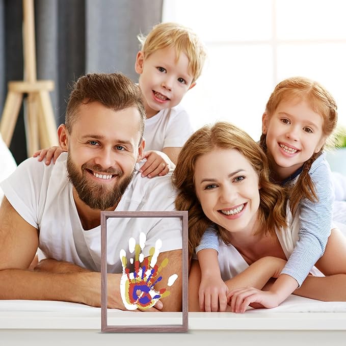 CHERRY CHEERS Family Handprint Kit, DIY Craft Keepsake Wooden Frame, Endless Gift Set, Non-Toxic Paints, Transparent Sheets (Brown)