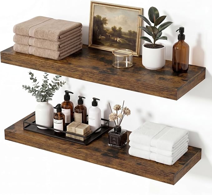Vivelove Wall Floating Shelves for Display with Invisible Brackets, 24 Inch Floating Shelves for Bedroom Bathroom Living Room Kitchen Office, 24”X 8" X 1.4", Set of 2 - Rustic Brown