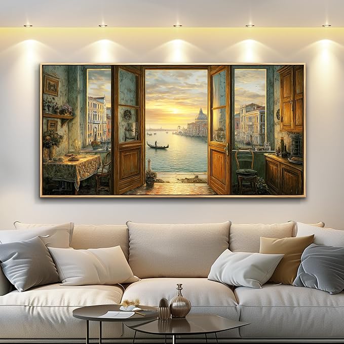 XIGUANGART Large Framed Vintage Wall Art, Living Room Country Farmhouse Decor, Italy Venice Grand Canal Landscape Paintings, Canvas Prints, Scenery Long Pictures for Bedroom Above of Bed,20x40inch