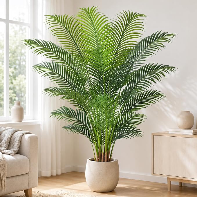 Artificial Palm Tree 6.2ft Tall Fake Palm Tree Indoor Decor with 18 leaves and Real Bark Design Faux Tropical Areca Palm Silk Floor Plant in Pot for Home Office Living Room Bedroom Decor 1pcs