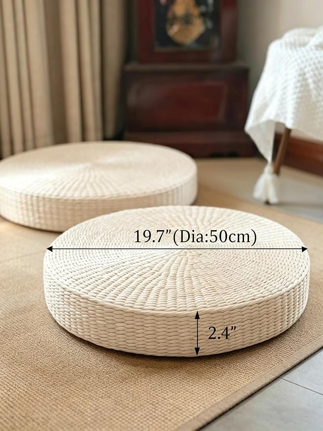 Round Tatami Floor Pillow, Handwoven Natural Straw Seat | Artisan Crafted, EPE Filling, Dia19.7", Comfortable Support, Boho, Lightweight, for Livng Room Meditation Reading Nook Patio