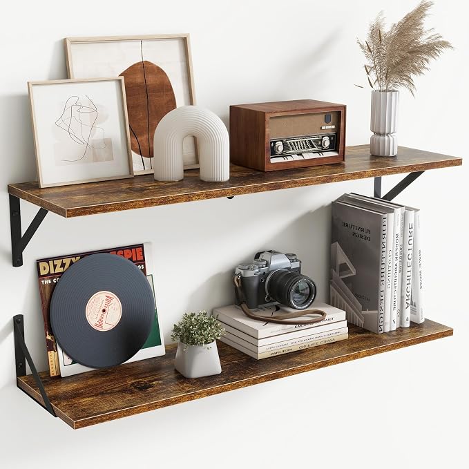 Acovy Deep Floating Shelves for Wall,36Wx8D Wall Mounted Shelves Set of 2,Wall Storage Floating Shelf with Sturdy Metal Brackets for Living Room,Bathroom,Kitchen,Office,Rustic Brown