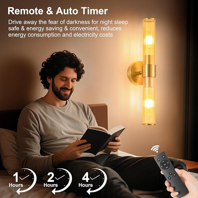 Morauroral Gold Battery Operated Wall Sconces Set of 2, Rechargeable Wall Lights with Remote Control, 20 Inch Modern Wireless Wall Lamp for Bedroom, Living Room with Amber Shade (Bulbs Included)