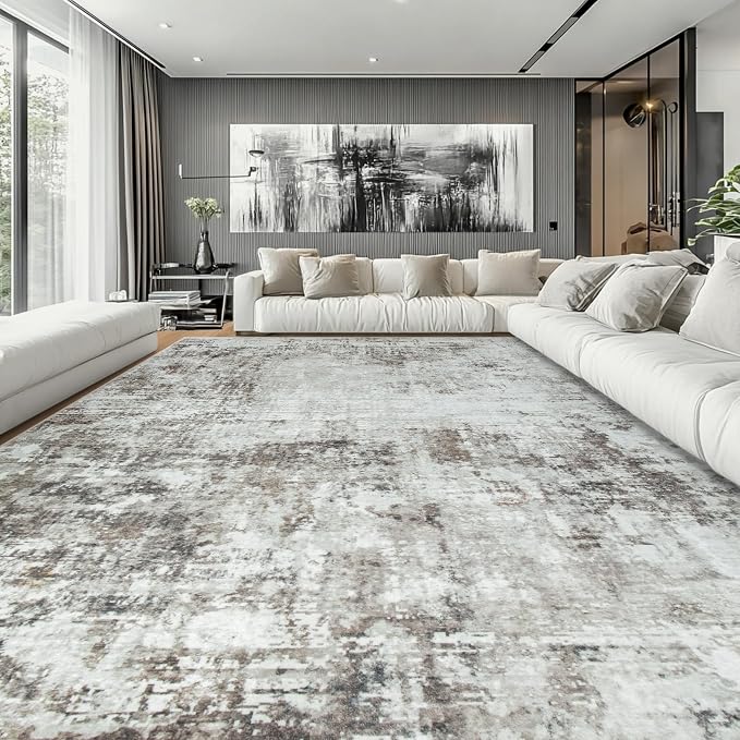 10x14 Area Rugs Large Living Room Rug Washable: Modern Abstract Rug Indoor Modern Carpet Non Slip for Dining Room Bedroom Nursery Home Office Brown Grey