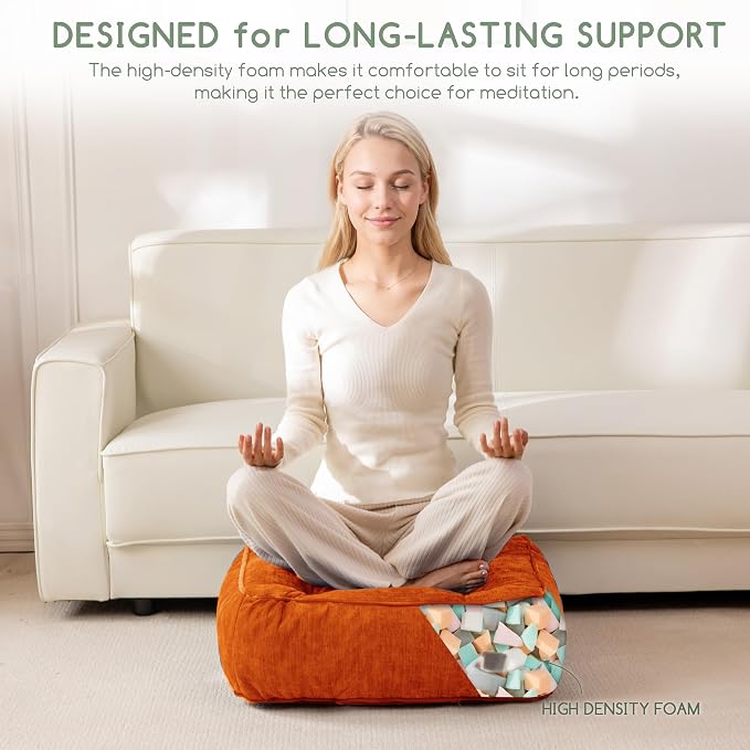HIGOGOGO 6" Extra Thick Floor Pillow Cushion for Adults, Meditation Cushion Pillow with Handle, Lustrous Chenille Tufted, Square Floor Sitting for Tatami Living Room or Yoga, 22x22 Inch, Orange