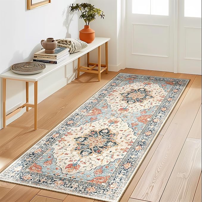 RELEANY Area Rugs 2'x5' Runner Rug Non Slip Washable for Kitchen Hallway Bedroom Beside Laundry Room Bathroom Rug, Floor Carpet, Beige Navy Blue Orange Colorful