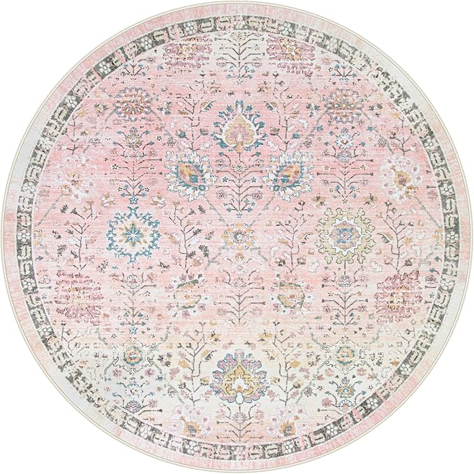 Lahome Girls Bedroom Pink Round Rug 6ft, Soft Washable Floral Circle Rug with Non Slip Backing, Light Pink Area Rug for Kids Room, Nursery, Reading Corner and Playroom