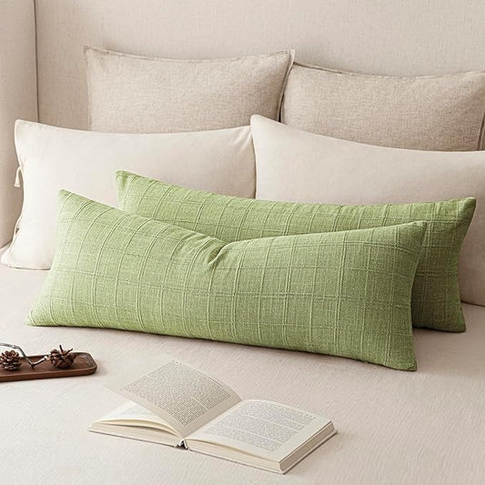 Foindtower Set of 2 Decorative Linen Check Throw Pillow Covers Neutral Farmhouse Vintage Cushion Covers Cozy Modern Boho Accent Home Decor for Sofa Chair Couch Bed Living Room,14×36 Inch,Light Green