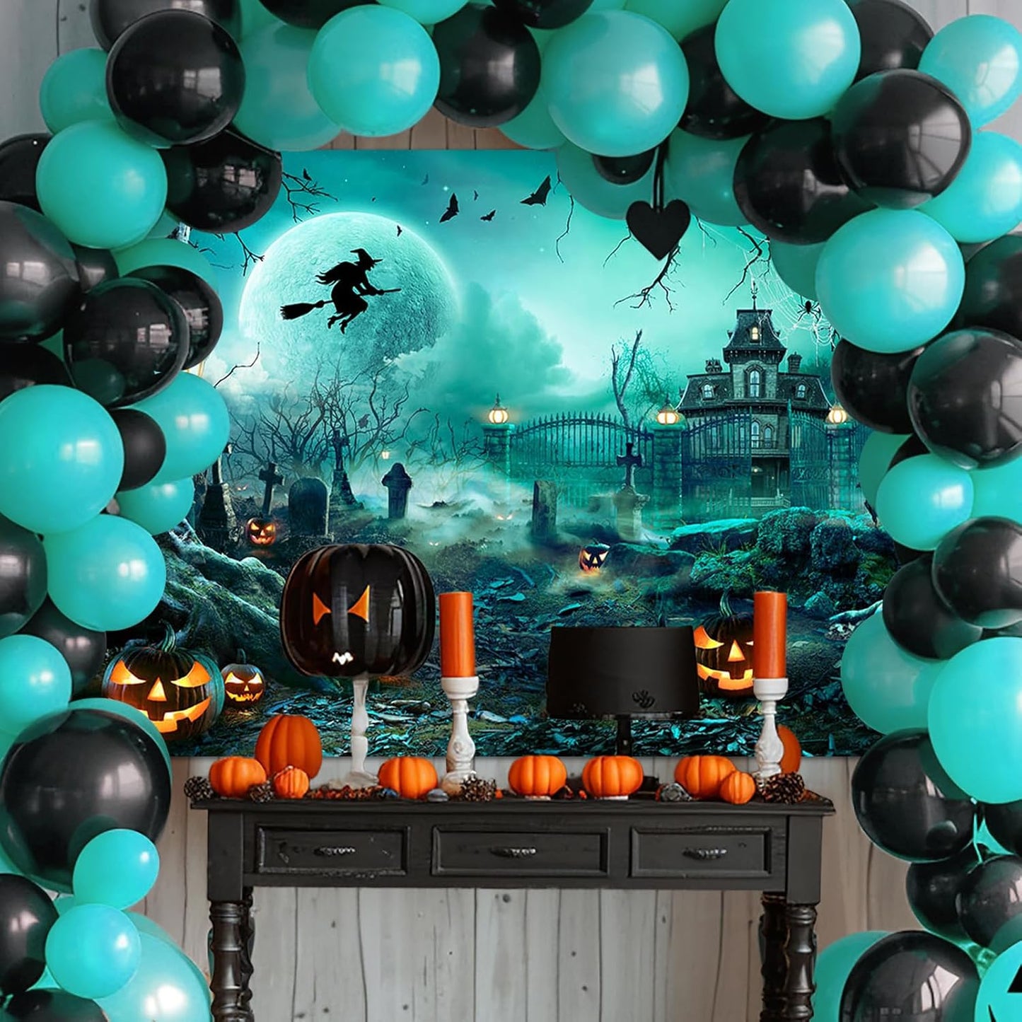 Avezano Halloween Photography Backdrop Full Moon Scary Night Castle Pumpkins Party Background Spooky Witch Bats Cemetery Child Kids Halloween Party Decorations Photoshoot Backdrops (7x5ft, Green)