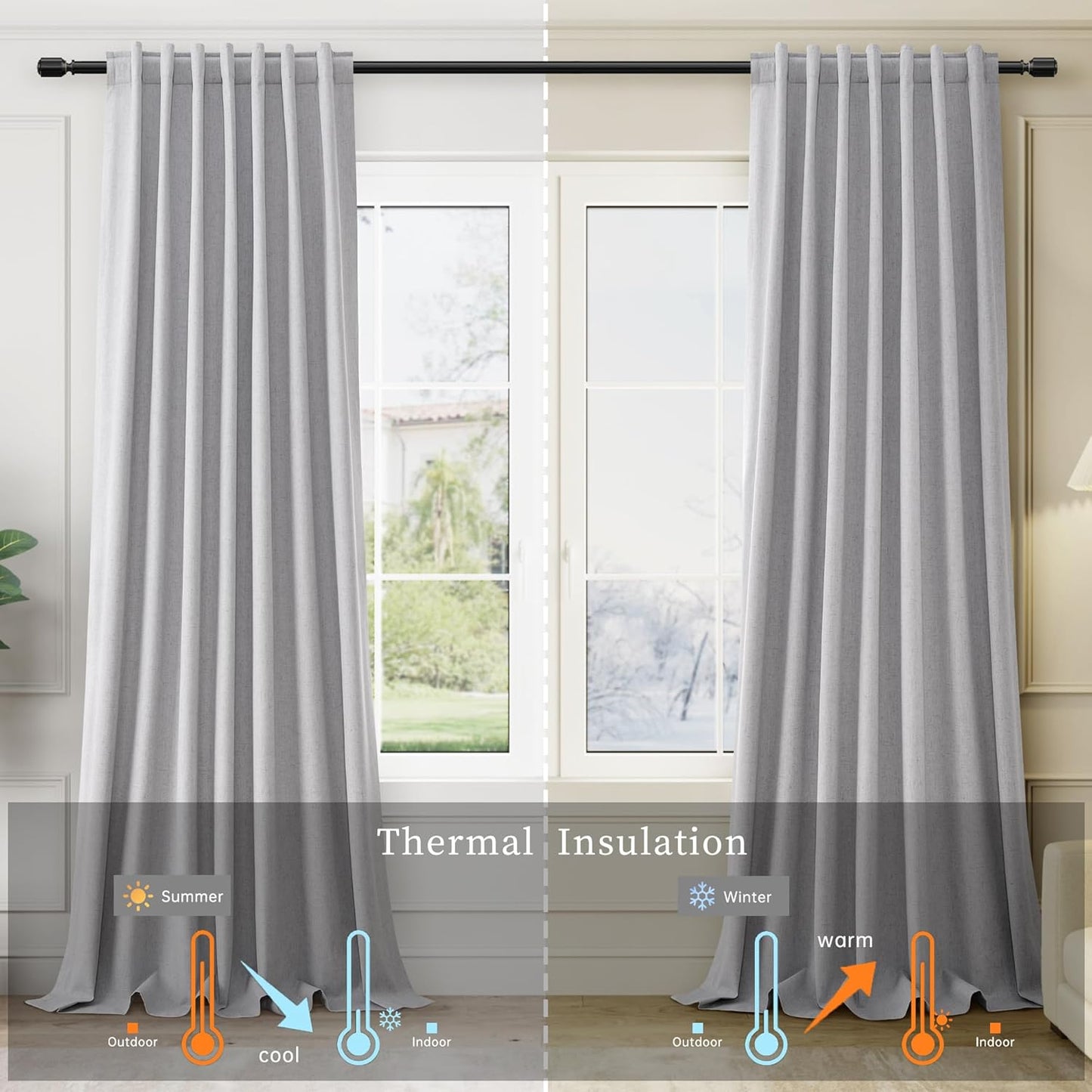 102 Inch Long Linen Curtains Full Blackout Light Grey Room Darkening Window Drapes 2 Panels Back Tab Black Out Noise Reducing Curtains for Modern Farmhouse Living Dining Room Bedroom Light Gray
