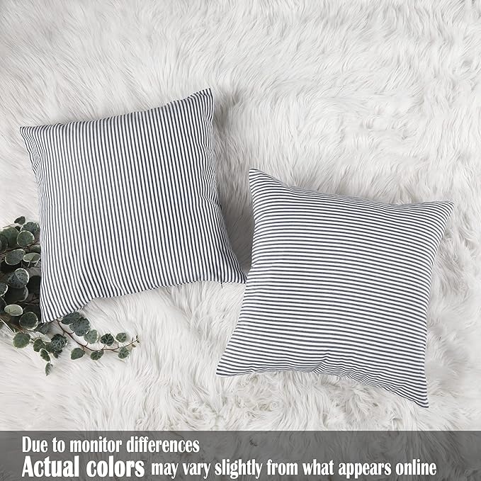CARRIE HOME Blue White Farmhouse Striped Pillow Covers 18x18 Set of 2 Navy Blue Farmhouse Decor Pillows for Sofa Bedroom Chair and Christmas Decoration