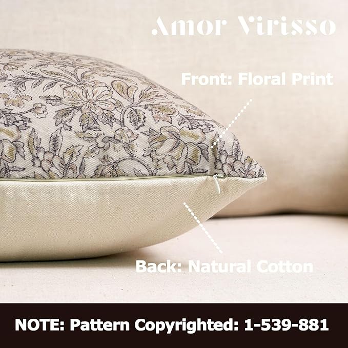 Amor Virisso Floral Throw Pillow Covers 18x18 Set of 2 Vintage Block Print Pillow Covers Decorative Pillow Covers Couch Pillows for Living Room Farmhouse Accent Sofa Pillows, Yellow/Sand