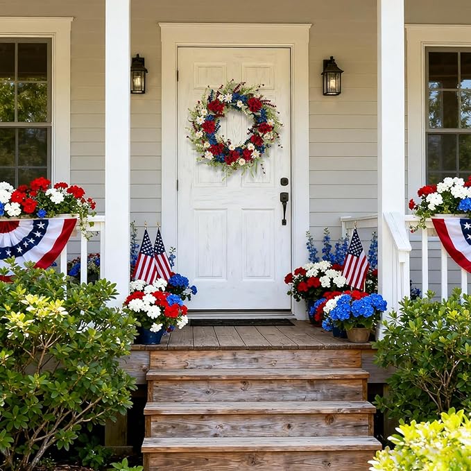 20 Inch Patriotic Wreaths for Front Door, 4th of July Independence Day Memorial Day Wreath with Red White Blue Flowers, Grain and Eucalyptus Leaves Outdoor Patriotic Door Decor for Home Porch