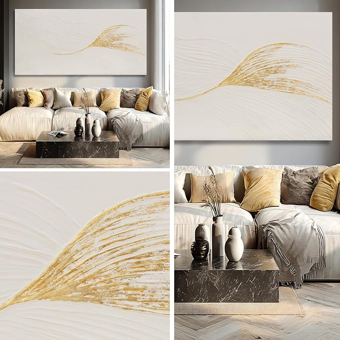 Dolidoteart Wall Art Hand Painted Oil Painting, Oversized Neutral White Gold Textured Abstract Wall Art, Long Horizontal 29x58 Inch Minimalist Wall Decor for Living Room Bedroom Above Couch
