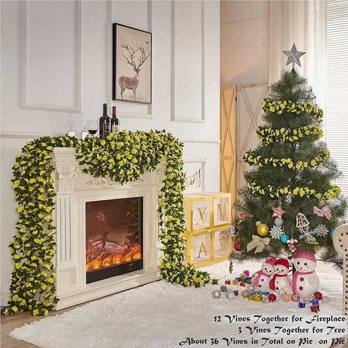 PONKING 8 Pcs x 8.2 ft Flower Garland Artificial Rose Vine Flowers with Green Leaves Hanging Fake Roses Vine for Room Party Home Wedding Birthday Christmas Wall Arch Decor, Spring Yellow Flower