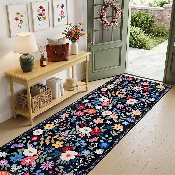 Runner Rug for Entryway: 2.6x10 Kitchen Rugs Non Slip Washable Ultra-Thin Soft Floral Carpet Indoor Floor Stain Resistant Carpets for Hallway Bedroom Kitchen Laundry Bathroom Dorm Black