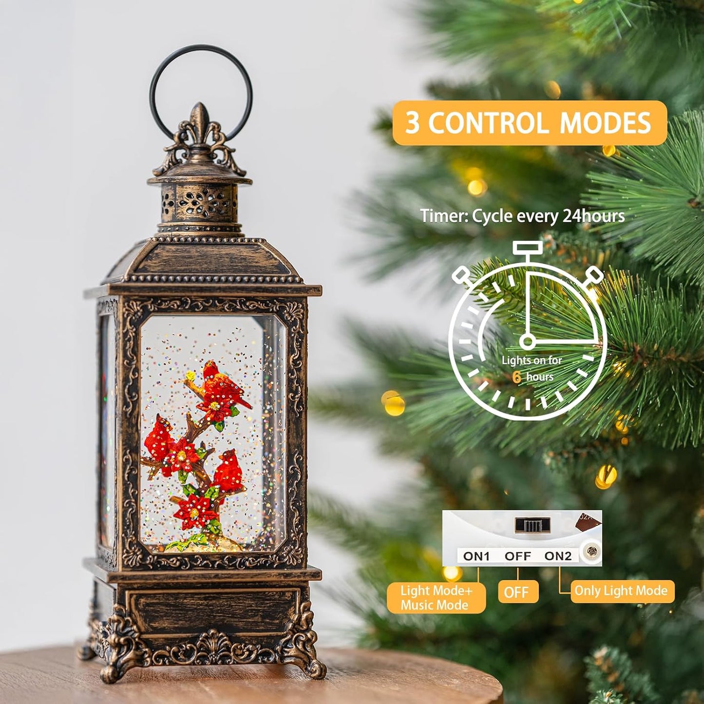 Christmas Snow Globe Water Glittering Cardinal Lantern with Music & Timer, USB Lined/Battery Operated Lighted Lantern for Christmas Festival Decoration Gifts