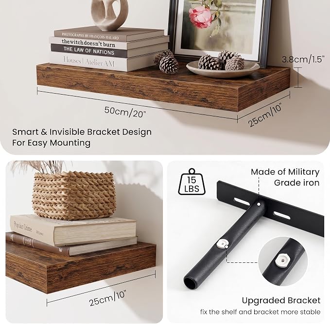 Fun Memories Wood Floating Shelves 20 Inch, 10 Inch Deep Shelves Wall Mount, Wall Shelves with Invisible Bracket, 20" Floating Shelves for Living Room Bathroom Bedroom, Rustic Brown, Set of 2