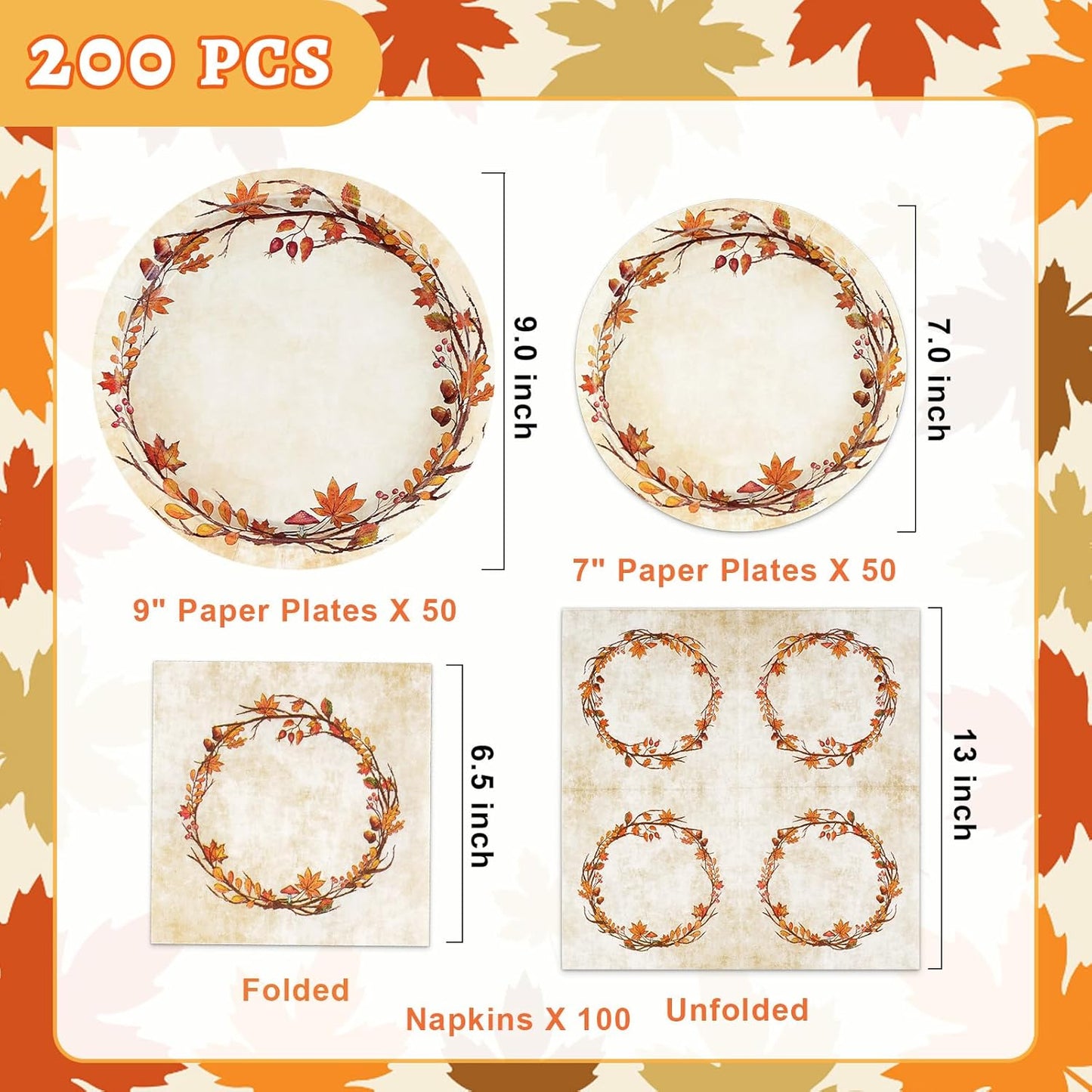 Homlouue 200 Pcs Fall Paper Plates and Napkins, Watercolor Disposable Dinnerware Set, Autumn Leaves Thanksgiving Party Supplies, Serve 50 Guests
