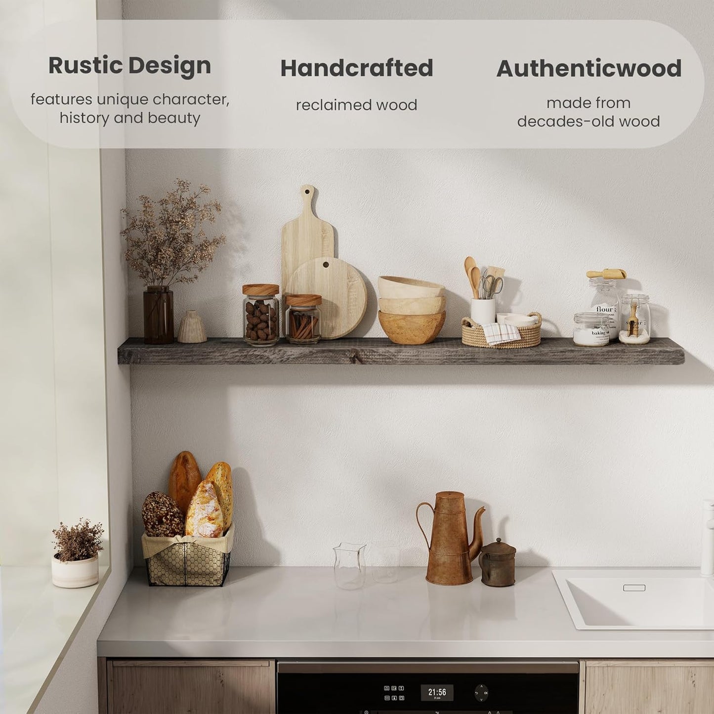 Solid Wood Floating Shelves, 8" Deep Rustic Reclaimed Barnwood Wall Hanging Floating Shelf with Invisible Heavy-Duty Metal Bracket | Wall Mounted | Farmhouse Style | 55 inches,1PC,Grey