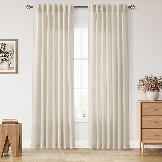 Nanspring Birch Beige Linen Curtains 84 Inches Long for Living Room Light Filtering Semi Sheer Curtain Back Tab Modern Farmhouse Decor Elegant Luxury Coastal Drapes for Bedroom Office 52x84,2 Panels