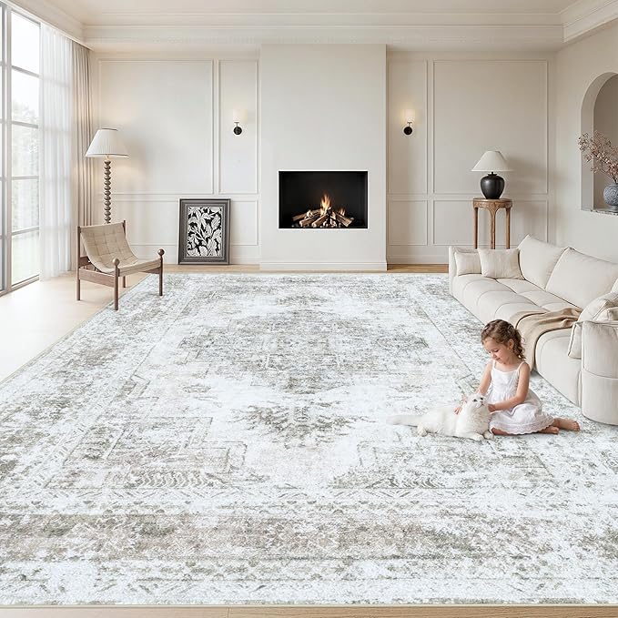 XLUEZ Area Rug 8x10 Living Room Rug, Machine Washable Vintage Distressed Medallion Rug Non-Slip Soft Low Pile Large Indoor Rugs for Bedroom Kitchen Dining Room Office(Taupe,8'x10')