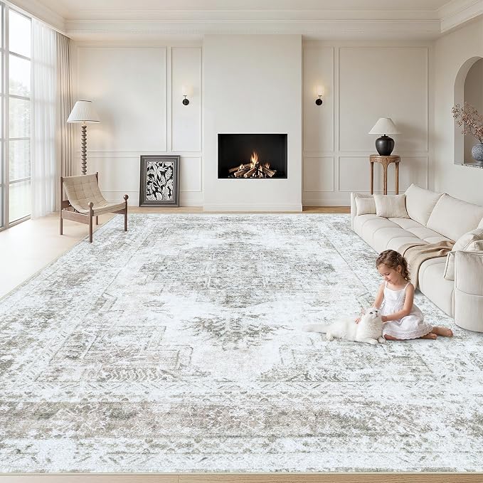 XLUEZ Area Rug 9x12 Living Room Rug, Machine Washable Vintage Distressed Medallion Rug Non-Slip Soft Low Pile Large Indoor Rugs for Bedroom Kitchen Dining Room Office(Taupe,9'x12')