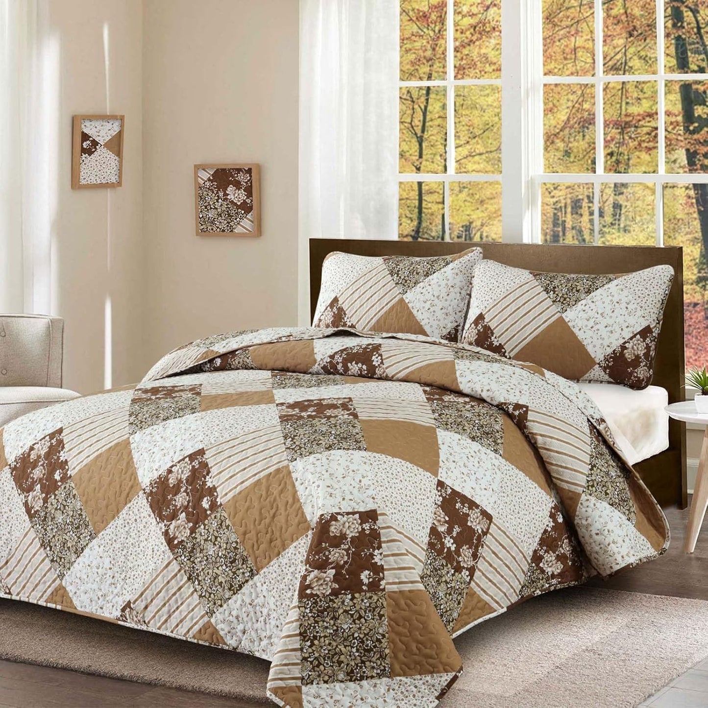 Dobuyly Fall Quilt Queen Size, Brown Floral Plaid Patchwork Bedspread Fall Bedding Set, Soft Lightweight Microfiber Coverlet Set for All Season (1 Quilt, 2 Pillow Shams)